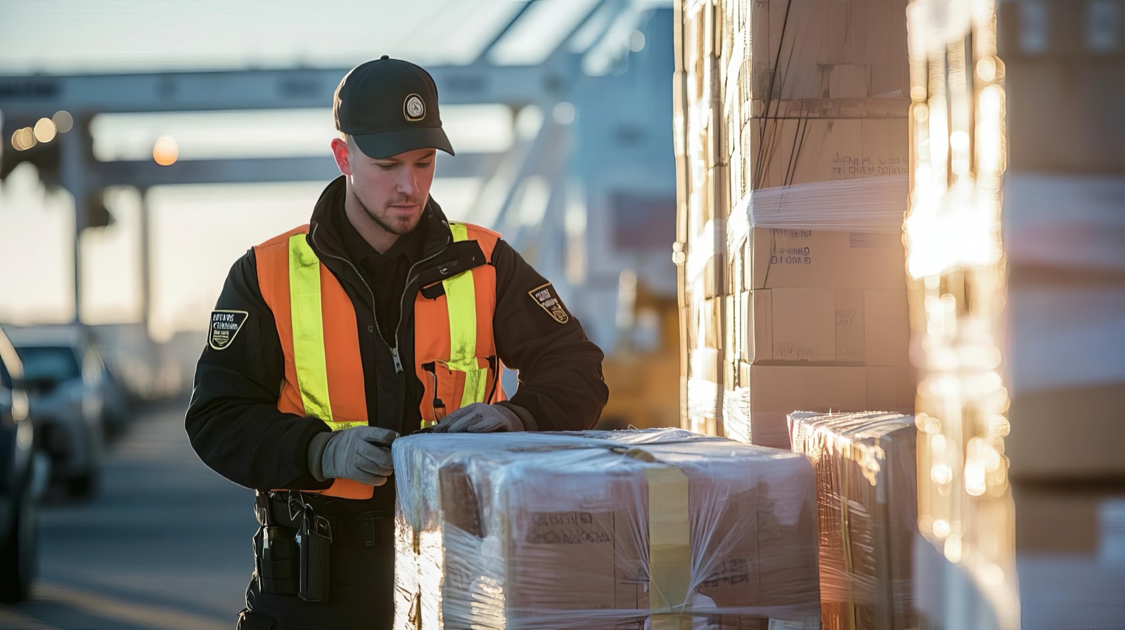 Customs officer inspecting packages at a border facility