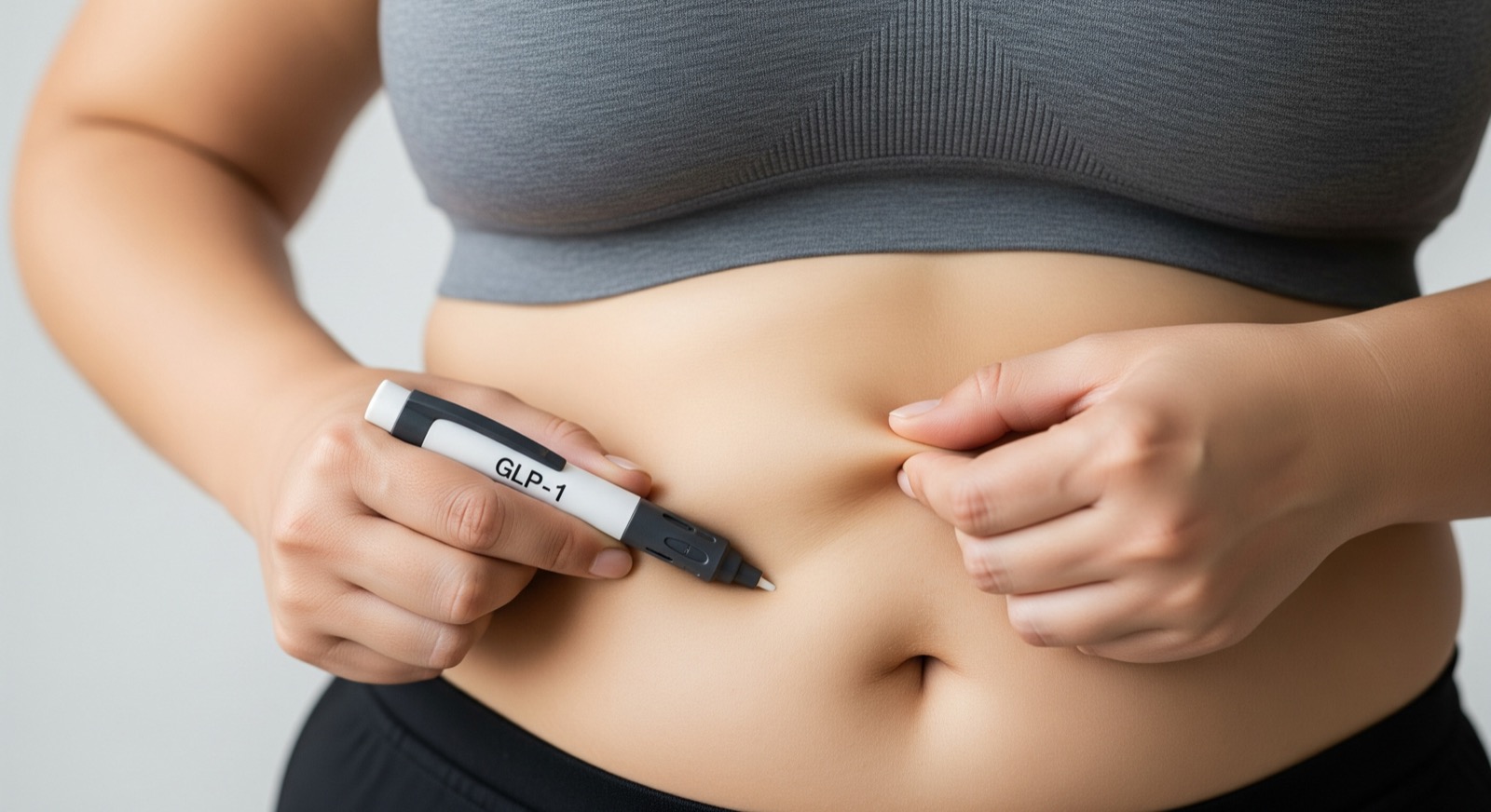 A GLP-1 labeled injection pen being used for a belly injection, demonstrating proper self-administration technique