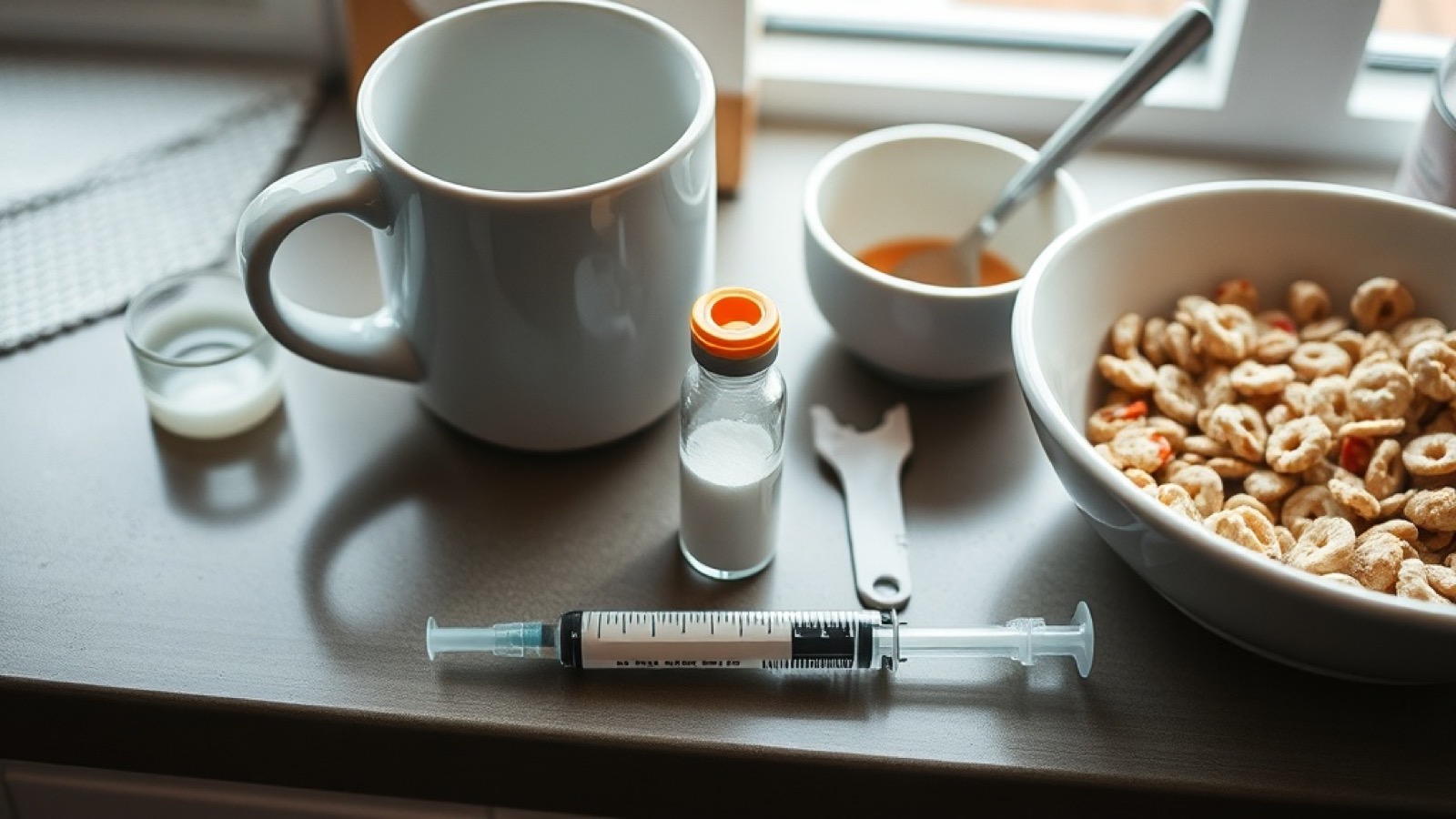 Overhead view of a kitchen counter with a peptide vial, syringe, and bacteriostatic water next to a coffee mug