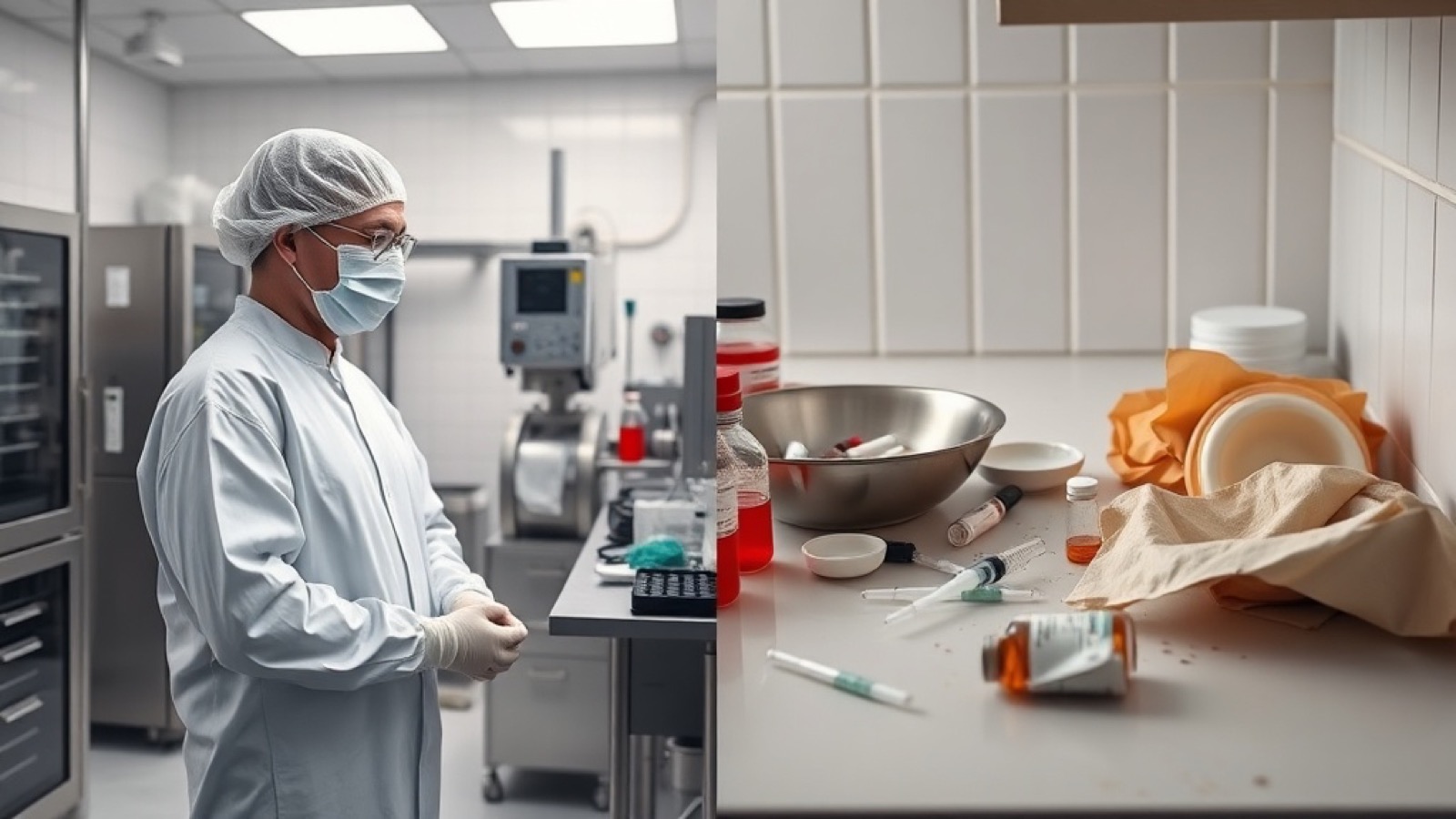 Split image showing a sterile pharmaceutical cleanroom on the left versus a messy kitchen counter with vials on the right