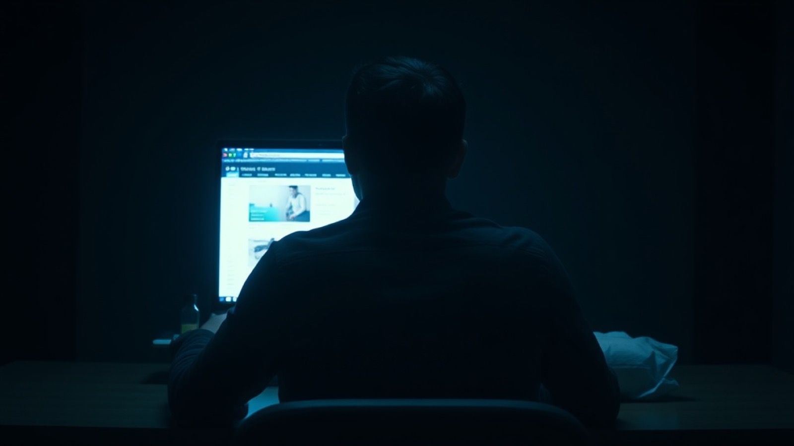 Person sitting at a laptop in a dark room with vials on the desk and a blue screen glow, the solitary reality of gray-market purchasing